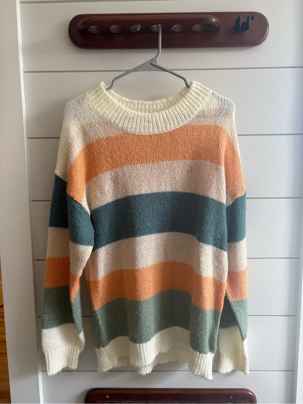 O'Neill Striped Crewneck Sweater in Cream, Peach & Teal-Green oversized